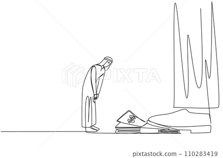 Single one line drawing Arabian businessman nodded in front of giant foot stepping on stack of banknotes. Receive orders to use capital as best as possible. Continuous line design graphic illustration Single one line drawing Arabian businessman nodded in front of giant foot stepping on stack of banknotes. Receive orders to use capital as best as possible. Continuous line design graphic illustration 110283419