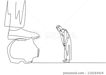 Single continuous line drawing Arabian businessman nodded in front of the giant foot that stepped on the piggy bank. Received orders to make massive investments. One line design vector illustration Single continuous line drawing Arabian businessman nodded in front of the giant foot that stepped on the piggy bank. Received orders to make massive investments. One line design vector illustration 110283424