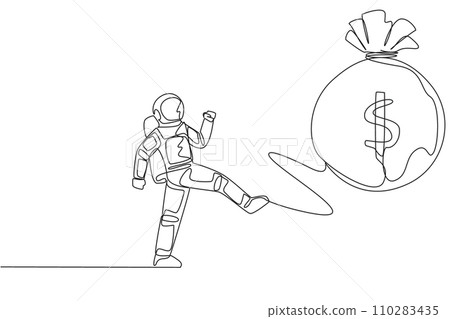 Single one line drawing young astronaut kicking money bag. Full of emotion. Kicking the money that  prepared for the landing mission on the lunar surface. Continuous line design graphic illustration 110283435