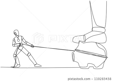 Single continuous line drawing smart robot tries to take piggy bank stepped on by giant foot. With artificial intelligence, pulling with a rope. Technology AI. One line design vector illustration 110283438