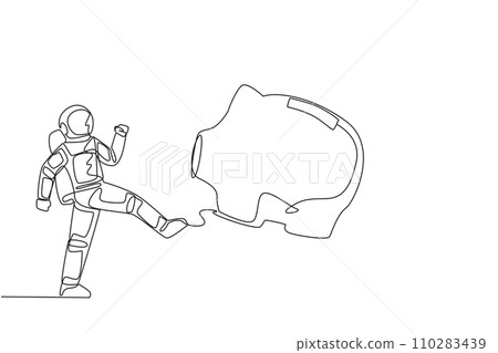 Single continuous line drawing young astronaut kicking the piggy bank. Full of anger. The savings prepared are still not enough to fund a space expedition. Galaxy. One line design vector illustration 110283439