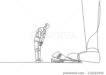 Single one line drawing smart robot nodded in front of giant foot stepping on stack of banknotes. Obedient robot. Profit-making robot. Future technology. Continuous line design graphic illustration 110283440