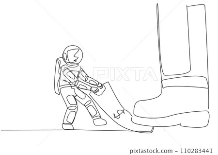 Single one line drawing astronaut pulling banknotes that were stepped on by giant foot. Forcibly withdraw some funds for space expedition. Galaxy concept. Continuous line design graphic illustration 110283441