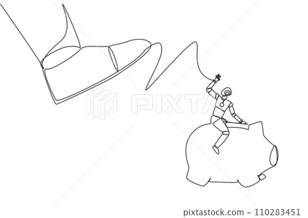 Single one line drawing smart robot riding a piggy bank runs away from giant foot. Move some investments to places that promise security. Future technology. Continuous line design graphic illustration 110283451