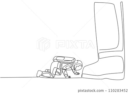 Single continuous line drawing young astronaut kneels and licks giant foot. The attitude of begging desperately to be granted permission for a space expedition. One line design vector illustration 110283452