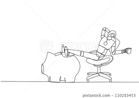 Continuous one line drawing smart robot sitting on work chair holding mug. Foot resting on piggy bank. Programmed to generate investment. Future technology. Single line draw design vector illustration 110283453