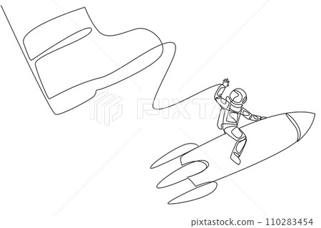 Continuous one line drawing astronaut riding a rocket flies away from the giant foot. A bully who tries to ruin the flight schedule to the moon. Galaxy. Single line draw design vector illustration 110283454