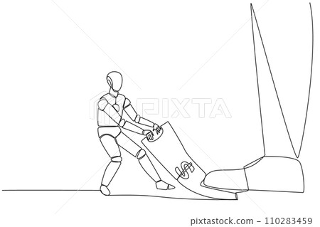 Continuous one line drawing smart robot pulling banknotes that were stepped on by giant foot. Command receiving robot. Take payment from clients. Future AI. Single line draw design vector illustration Continuous one line drawing smart robot pulling banknotes that were stepped on by giant foot. Command receiving robot. Take payment from clients. Future AI. Single line draw design vector illustration 110283459