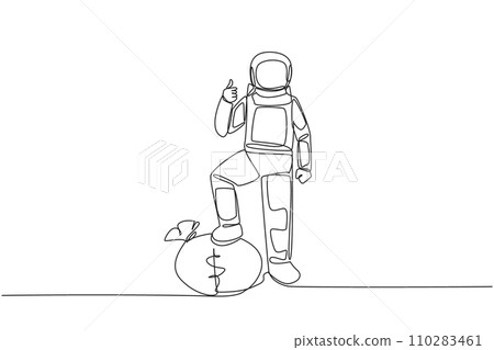 Continuous one line drawing astronaut stands with thumbs up pose and steps on money bag with one of foot. Give ready sign for expedition. Cosmonaut space. Single line draw design vector illustration Continuous one line drawing astronaut stands with thumbs up pose and steps on money bag with one of foot. Give ready sign for expedition. Cosmonaut space. Single line draw design vector illustration 110283461