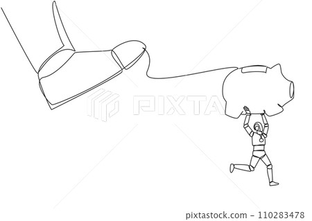 Continuous one line drawing smart robot carrying piggy bank runaway from giant foot. Fatal programming error. Giant robot goes on rampage, rest save assets. Single line draw design vector illustration Continuous one line drawing smart robot carrying piggy bank runaway from giant foot. Fatal programming error. Giant robot goes on rampage, rest save assets. Single line draw design vector illustration 110283478