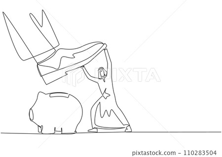 Single one line drawing Arab businessman holds back giant foot wants to step on piggy bank. Restraining the greed of sovereigns who will destroy assets. Continuous line design graphic illustration Single one line drawing Arab businessman holds back giant foot wants to step on piggy bank. Restraining the greed of sovereigns who will destroy assets. Continuous line design graphic illustration 110283504