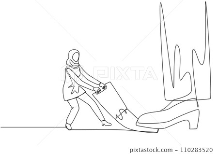 Single continuous line drawing Arab businesswoman pulling banknotes that were stepped on by the giant feet. Extra struggle to withdraw the money that due payment. One line design vector illustration Single continuous line drawing Arab businesswoman pulling banknotes that were stepped on by the giant feet. Extra struggle to withdraw the money that due payment. One line design vector illustration 110283520
