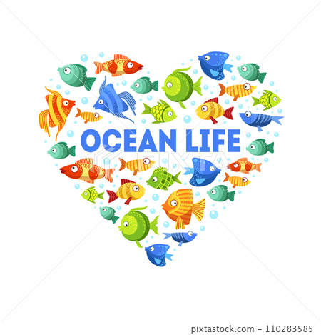 Ocean Life Banner Template with Cute Colorful Fishes of Heart Shape Vector Illustration 110283585