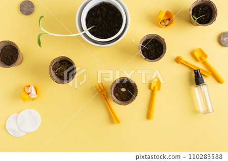 planting with kids concept flat lay on yellow planting with kids concept flat lay on yellow 110283588