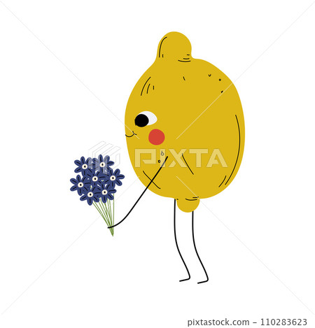 Cute Lemon Standing with Bouquet of Flowers, Cheerful Citrus Fruit Character with Funny Face Vector Illustration 110283623