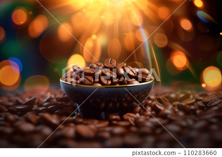 Close-up of freshly roasted coffee beans on a wooden table. Close-up of freshly roasted coffee beans on a wooden table. 110283660