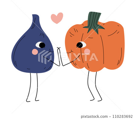 Cute Fig and Pumpkin Holding Hands, Cheerful Vegetable and Fruit Characters with Funny Faces, Best Friends, Happy Couple in Love Vector Illustration Cute Fig and Pumpkin Holding Hands, Cheerful Vegetable and Fruit Characters with Funny Faces, Best Friends, Happy Couple in Love Vector Illustration 110283692