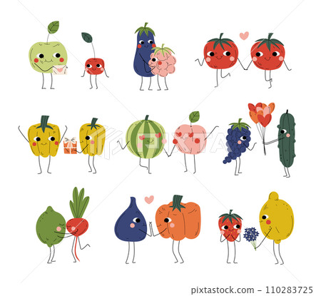 Collection of Cute Cheerful Vegetables, Fruits and Berries Characters Holding Hands, Hugging and Giving Gifts, Best Friends, Happy Couples in Love Vector Illustration Collection of Cute Cheerful Vegetables, Fruits and Berries Characters Holding Hands, Hugging and Giving Gifts, Best Friends, Happy Couples in Love Vector Illustration 110283725