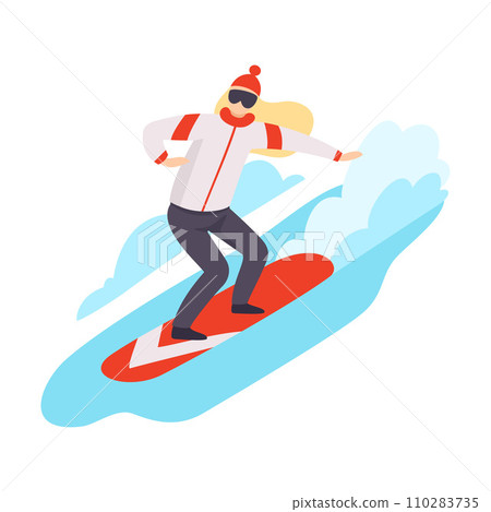 Flat vector illustration of snowboarding woman isolated on white background. Flat vector illustration of snowboarding woman isolated on white background. 110283735