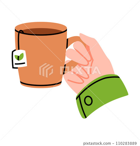 Hand Holding Cup with Hot Tea Drink Brewing with Teabag Vector Illustration 110283889