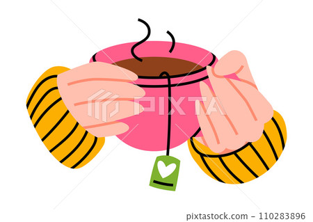 Hands Holding Cup with Hot Tea Drink Brewing with Teabag Vector Illustration 110283896