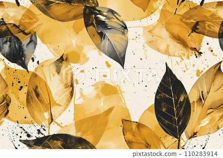 AI-generated content. This seamless pattern showcases golden leaves with ink splatter details on a light background, ideal for elegant textile designs, wallpapers, and sophisticated stationery 110283914