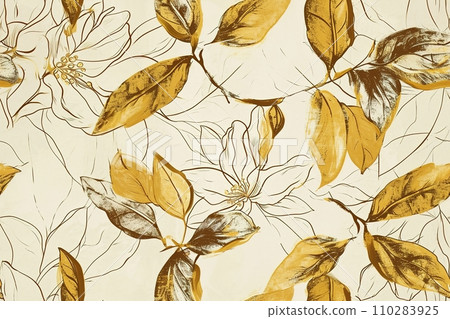AI-generated content. This seamless pattern features artistic golden ink floral motifs on a beige background, ideal for elegant stationery, home decor, or fashion textiles. Generative AI. AI-generated content. This seamless pattern features artistic golden ink floral motifs on a beige background, ideal for elegant stationery, home decor, or fashion textiles. Generative AI. 110283925