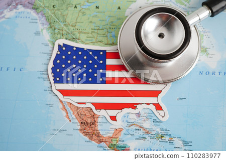 Bangkok, Thailand December 10, 2023 USA america map in world map paper. Bangkok, Thailand December 10, 2023 USA america map in world map paper. 110283977