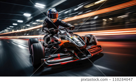 Carting competitions. Driver in helmet on kart circuit. Carting competitions. Driver in helmet on kart circuit. 110284047