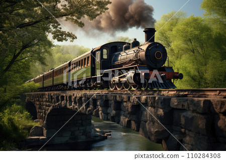 Vintage steam train crossing an old stone bridge over a river at the spring forest 110284308