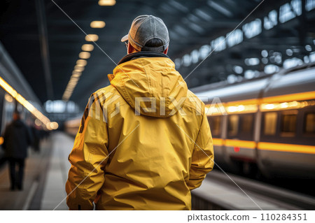 Back view of Manager industrial engineer standing at train station. Back view of Manager industrial engineer standing at train station. 110284351