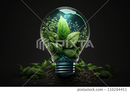 Eco-friendly innovation shines as an organic light bulb encased in lush moss and leaves brings nature 110284451