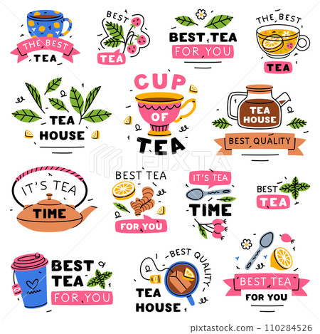 Aromatic Tea Brewing Label or Badges with Cup or Mug with Hot Drink and Teapot with Saying or Inscription Vector Set 110284526
