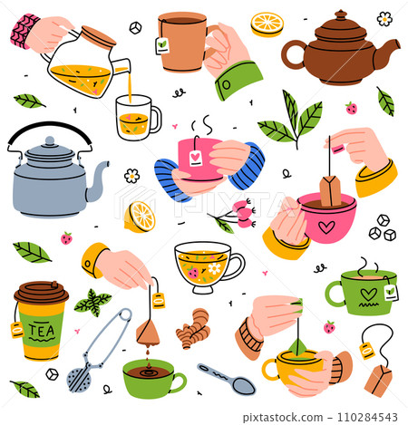 Aromatic Tea Brewing with Teabag, Hands Hold Mug with Hot Drink and Teapot Vector Set 110284543