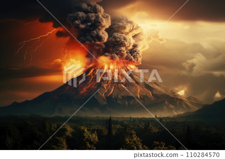 Volcano eruption, flowing lava, dangerous clouds and dark environment 110284570