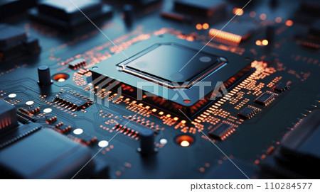 Close-up view of a modern GPU card with circuit and lights Close-up view of a modern GPU card with circuit and lights 110284577