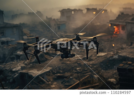 Drone flying over the demolished city 110284597