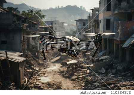 Drone flying over the war demolished city 110284598