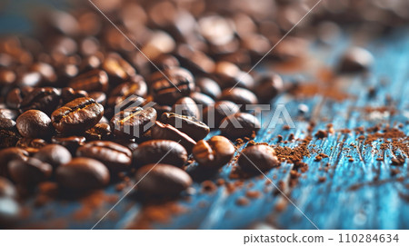 Image of fresh roasted coffee beans with minimalistic concept and copy-space on the side. 110284634