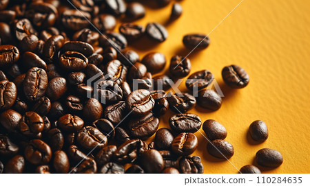 Image of fresh roasted coffee beans with minimalistic concept and copy-space on the side. 110284635