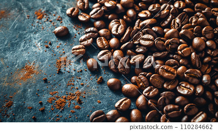 Image of fresh roasted coffee beans with minimalistic concept and copy-space on the side. 110284662