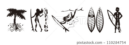 Surfing Black Silhouette with Surfboard, Palm, Man and Woman Vector Set 110284754