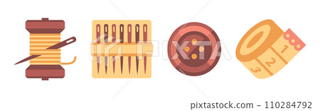 Sewing Tool and Equipment with Thread with Needles, Button and Measuring Tape Vector Set Sewing Tool and Equipment with Thread with Needles, Button and Measuring Tape Vector Set 110284792