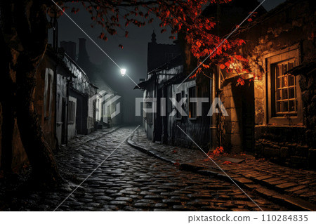 A narrow cobblestone street at medieval style village A narrow cobblestone street at medieval style village 110284835