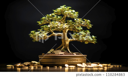 Bonsai tree and golden coins on a black background 110284863