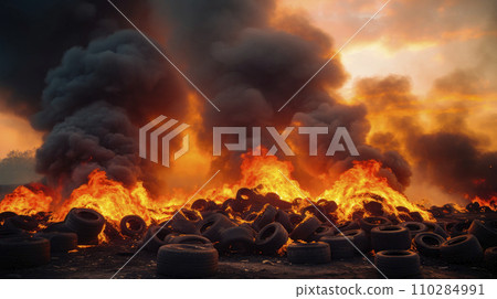 Toxic fire with air pollution from burning car tyres Toxic fire with air pollution from burning car tyres 110284991