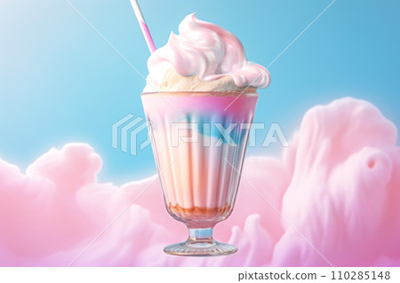 Futuristic composition with a transparent milkshake glass and flying drops 110285148