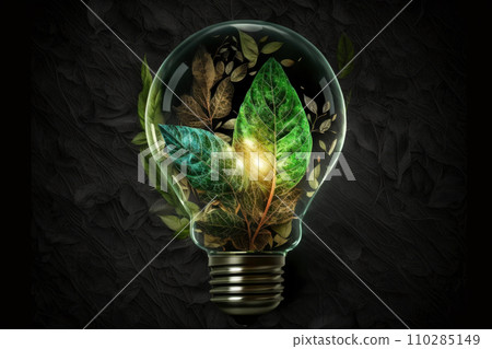 Eco-friendly innovation shines as an organic light bulb encased in lush moss and leaves brings nature 110285149