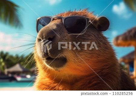 Cute capybara in swimming glasses swims in a pool with turquoise water. Cute capybara in swimming glasses swims in a pool with turquoise water. 110285256