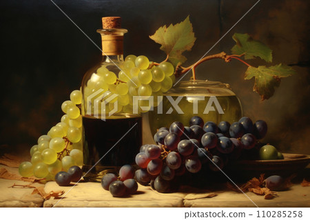 Two elegant glass bottles with grape juice and corks. Two elegant glass bottles with grape juice and corks. 110285258